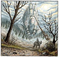 a drawing of a castle in the middle of a forest with two horses walking by it