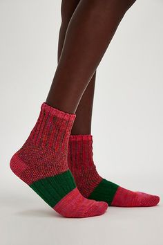 Just as versatile as they are vintage-inspired, these so cool crew socks are featured in a chunky, slub cotton knit fabrication with color blocked striping for a sweet, varsity-style touch. | Pixie Dapple Crew Socks by Hansel From Basel at Free People in Red Crew Socks, Boho Outfits, Color Block, Free People, Vintage Inspired, Socks, Knitting, Red, Fabric