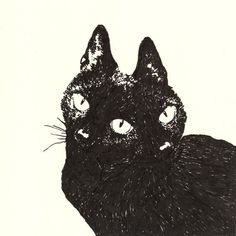 a drawing of a black cat with big eyes