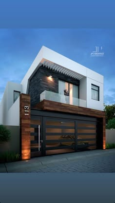 an image of a modern style house with wood and glass garage doors on the front