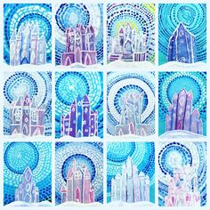 several images of different buildings in blue and pink colors with circles around them, including one building