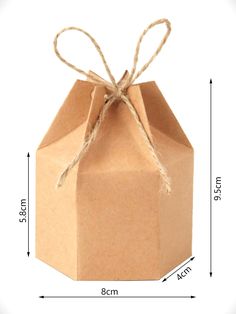 a brown paper bag tied with twine on top of a white background and measurements