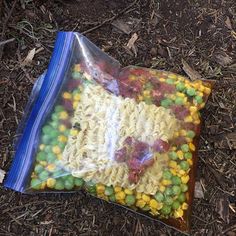 a bag filled with food sitting on the ground next to some grass and dirt in front of it