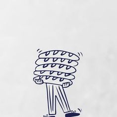 a drawing of a man holding a stack of pancakes on his back with one hand