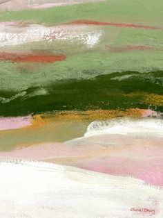 an abstract painting with green, pink and white colors