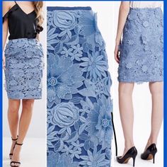 Brand New With Tags French Connection Manzoni 3d Lace Overlay Pencil Skirt Size 2! Retailed $188 + Tax. Absolutely Chic And Unique Timeless Medium Blue Color. Floral 3d Overlay To Fully-Lined Skirt. Pencil Skirt Silhouette. Back Zip. From My Personal Collection And Never Worn. I Have Far Too Many Similar Skirts! As I'm Cleaning Out My Closet, This Item Is Final Sale. 100% Authentic French Connection Check Out My Other Listings Cleaning Out My Closet! Fitted Blue Skirt For Spring, Blue Skirt For Spring Workwear, Spring Blue Workwear Skirt, Spring Workwear Blue Skirt, Light Blue Knee-length Bottoms For Spring, 3d Overlay, Lace Pencil Skirt, Floral Pencil Skirt, Lace Overlay