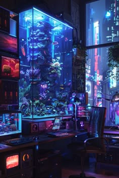 an aquarium in the middle of a room filled with computer monitors and other items,