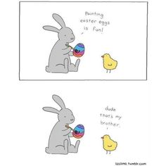 an easter bunny and chick sitting next to each other with eggs in their mouths,