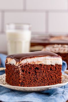 a slice of chocolate cake on a plate with a glass of milk in the background