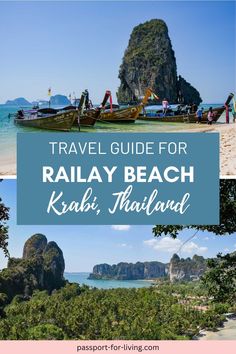 railay beach in thailand with text overlay that reads travel guide for railay beach, krabii, thailand