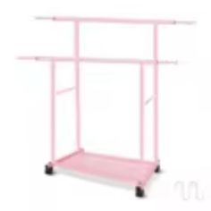 a pink shelf with two shelves on each side and three wheels attached to the top