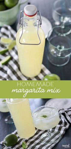 homemade margarita mix recipe with limes and olives in the background, on a table