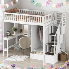 there is a loft bed with stairs and desks underneath it, next to balloons in the room