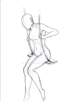 a pencil drawing of a woman on a swing with her legs crossed and hands behind her back