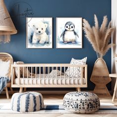 a baby's room with two pictures on the wall