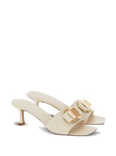 Ferragamo 55mm bow-detailing Leather Mules  - Farfetch Engraved Logo, Leather Mules, High End Fashion, Mid Heel, Shoe Box, Cream White, Salvatore Ferragamo, Leather Heels, White Leather