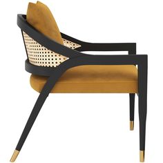 a yellow chair with black legs and a basket on it's armrests