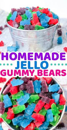 homemade jello gummy bears in a metal bowl with the title overlay reading homemade jello gummy bears