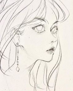 a drawing of a woman's face with long hair and earrings on her head