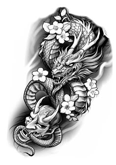 a black and white image of a dragon with flowers on it's back side