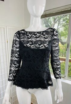 mannequin 4 Vintage Carmen Marc Valvo black lace top with camisole, 8. Good condition. Size; 8 Black Lace Top, Carmen Marc Valvo, Black Lace Tops, Womens Blouses, Black Lace, Lace Top, Blouses For Women, Long Sleeve Blouse, Blouses