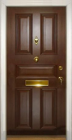 a brown door with a gold handle on the front and side doors to both sides