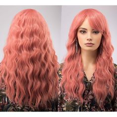 "* Color: Coral Pink Peach Color * Texture: Wavy * Wig Type: Machine Wefted * Length: 20\" * Cap Size: 21\" to 22.5\" * Parting: Free Part * Material: Heat Resistant Fiber * Lace Type: Machine Weft Top * Combs: 3 Combs Experience the charm of our Coral Pink Peach Color Wavy Wig. This 20\"\" wig, boasting an open machine wefted cap construction, promises a comfortable fit and the flexibility of a free part. This unique coral, pink, and peach fusion creates an enchanting and playful color palette. Pink Wig With Bangs, Wig Closet, Long Wavy Wig, Wig Party, Type Machine, Heat Styling, Wavy Wig, Pink Wig, Wig With Bangs