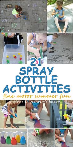 a collage of pictures with the words 21 spray bottle activities for kids to play in