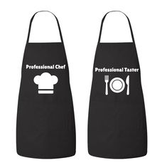 two black aprons with the words professional chef and professional taster written on them