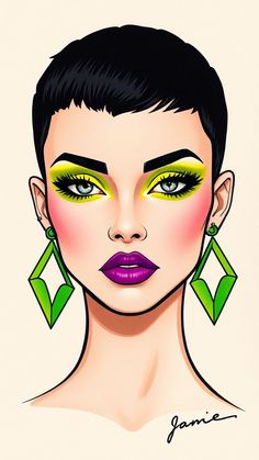 a drawing of a woman with green and yellow eyeshades on her face, wearing earrings