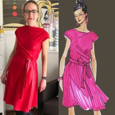 a woman in a red dress next to a drawing of a woman wearing a pink dress