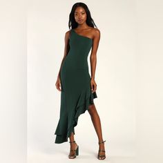 Forest Green One-Shoulder Asymmetrical Midi Dress! Stretchy Crepe Knit Shapes A One-Shoulder Neckline, A Single Tank Strap, And A Princess-Seamed Bodice. The Asymmetrical Midi Skirt Is Trimmed With Flouncy Ruffles. Hidden Side Zipper/Clasp. Lined. Shell: 95% Polyester, 5% Spandex. Lining:100% Polyester. Hand Wash Cold. Do Not Bleach. Line Dry. Iron Low Heat. Imported. Style 1972496 Elegant Off-shoulder Asymmetrical Dress For Brunch, Fitted Green One Shoulder Dress With Asymmetrical Hem, Green Fitted One Shoulder Dress With Asymmetrical Hem, Green One Shoulder Evening Dress With Asymmetrical Hem, Green One-shoulder Evening Dress With Asymmetrical Hem, Green One-shoulder Dress With Asymmetrical Hem For Evening, Green One-shoulder Asymmetrical Cocktail Dress, Green Asymmetrical One-shoulder Cocktail Dress, Green Asymmetrical Dress For Date Night