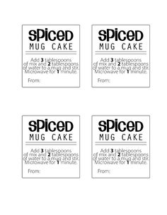 four labels for spiced mug cakes are shown in three different font styles and colors