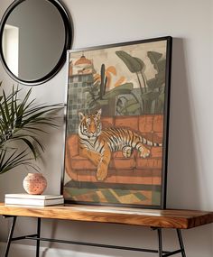 a tiger sitting on top of a wooden bench next to a mirror and potted plant