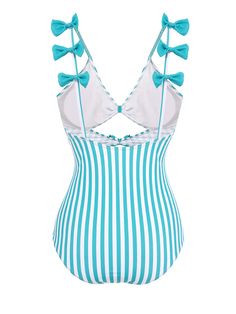 Blue 1960s Stripe Strap Bow One-Piece Swimsuit – Retro Stage - Chic Vintage Dresses and Accessories Retro Stage, Cute Beach Outfits, Retro Swimsuit, The Hollow, Standard Dress, Pool Time, Costume Intero, Yellow Plaid, Blue Swimsuit