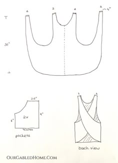 an image of a drawing of a top with measurements for the front and back sides