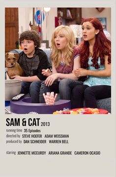 two women and a boy sitting on a couch in front of a cake with the caption sam & cat 2013