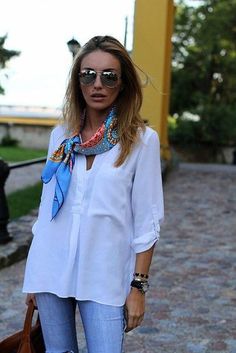 LOOKBOOK Silk Scarf Outfit, White Shirt And Blue Jeans, Clogs Outfit, Loafers Outfit, Womens Scarf, Mode Tips