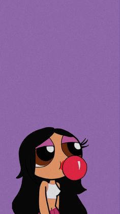 a cartoon character with long black hair blowing a red bubble into her mouth and looking at the camera