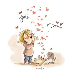 a girl is playing with two cats and hearts flying in the air over her head