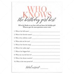 Who Knows The Birthday Girl Best Game Printable by LittleSizzle Who Lnows The Birthday Girl Best, How Knows The Birthday Girl Best, Who Knows You Best Questions, Birthday Quiz Questions Party Games, Free Who Knows The Birthday Girl Best Printable, Who Knows The Bday Girl Best, Who Knows The Birthday Girl Best Game, Who Knows The Birthday Girl Best Free, Who Knows Me Best Questions Game