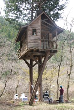 a man standing next to a tall wooden tree house