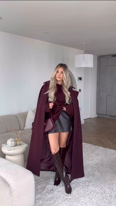 Thanksgiving Outfit Burgundy, Burgundy Thigh High Boots Outfit, Burgundy Fur Vest Outfit, Burgundy Thanksgiving Outfit, Burgandy Boot Outfit, Santa Con Outfit Women, Fall Outfits Burgundy, Burgundy Boots Outfit Winter, Burgundy Outfit Aesthetic