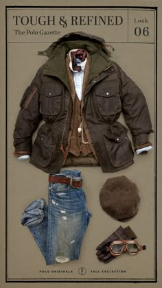 Rugged Chic Outfit, Mens British Style, Polo Vest Outfits Men, Mens Fashion Rugged Country, Tweed Jacket Outfit Mens, Mens Rugged Style, Field Jacket Outfit, Denim Jacket Art