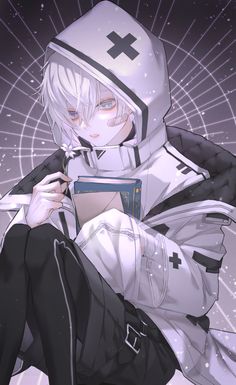 an anime character with white hair wearing a helmet and holding a book in her hands