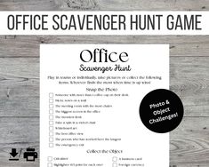 the office scavenger hunt game is shown on a wooden background with black and white text