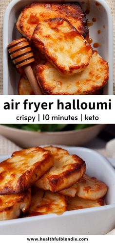 some food is in a white bowl and on the table are two pictures that show how to make air fryer halloumi crisp 10 minutes i keto