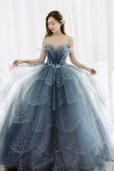 Princess Straps Blue Beaded Layers Long Formal Dress Layered Tulle Prom Dress, Prom Dress Blue, Tiered Prom Dress, Sparkly Prom Dresses, Long Formal Gowns, Blue Tulle, Beaded Prom Dress, Pretty Prom Dresses, Fairytale Dress