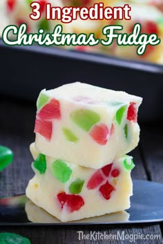 three pieces of christmas fudge stacked on top of each other