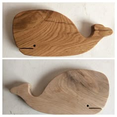 two pictures of a wooden whale with holes in it's side and the top